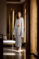 Sparkling Silver Sequin Pleated Saree with Square Neckline Blouse & Beadwork - Glamorous Ready-to-Wear Style