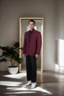 Luxurious Wine Denim Blazer with Notch Lapel Collar, Long Sleeves, Double-Button Closure, Flap & Chest Welt Pockets, Attached Lining & Double-Vented Back Hem - Perfect for Formal & Stylish Events