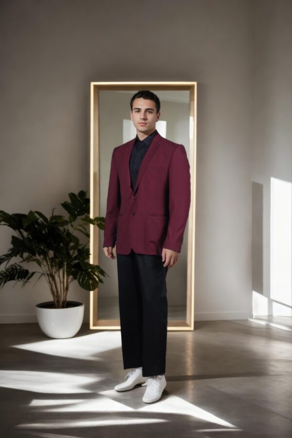 Luxurious Wine Denim Blazer with Notch Lapel Collar, Long Sleeves, Double-Button Closure, Flap & Chest Welt Pockets, Attached Lining & Double-Vented Back Hem - Perfect for Formal & Stylish Events - Image 2