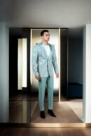 Beads Sea Green Net Suit with Beads & Sequin Work - Silk Satin Peak Lapel Collar, Full Sleeves & A-Line Pants