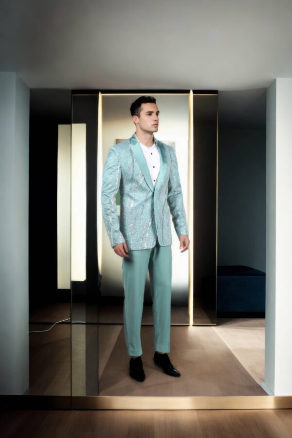 Beads Sea Green Net Suit with Beads & Sequin Work - Silk Satin Peak Lapel Collar, Full Sleeves & A-Line Pants - Image 4
