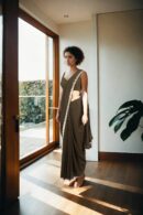 Elegant Olive Green Georgette Indo-Western Draped Saree with Embroidered Lace & Spaghetti Strap Blouse