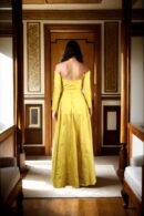 Stunning Yellow Silk Western Gown with Short Length, Draping & Pleated Design, Full Sleeves, Off-Shoulder, and Long Trail Details - Perfect for Glamorous Evenings & Special Occasions