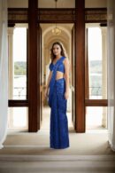 Glamorous Navy Blue Full Sequin Readymade Drape Saree with Sweetheart Neckline Blouse - Perfect for Weddings & Evening Events