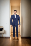 Elegant Faded Navy Blue Suit with White Straight Line Accents - A Modern Statement for Formal & Casual Events