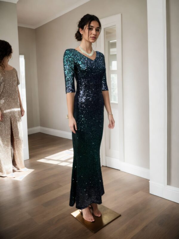Luxurious Long Fishtail Gown with Tilted V-Neckline, 3/4th Sleeves, and Back Zip Opening - Perfect for Formal & Evening Occasions - Image 2