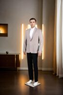Beige Linen Blazer with Weave Design, Notch Lapel Collar, Double-Button Closure, Flap & Chest Welt Pockets, Attached Lining, and Double-Vented Back Hem