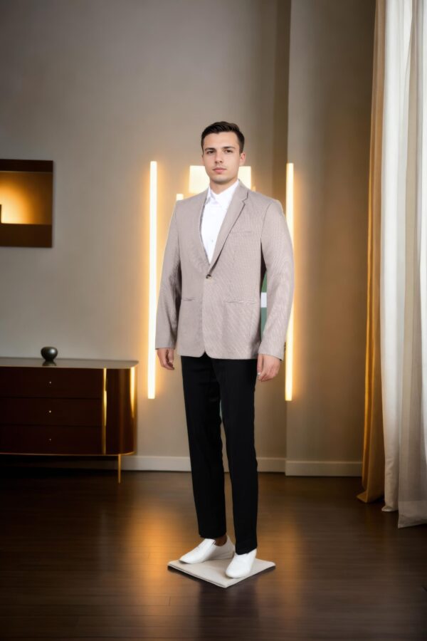 Beige Linen Blazer with Weave Design, Notch Lapel Collar, Double-Button Closure, Flap & Chest Welt Pockets, Attached Lining, and Double-Vented Back Hem - Image 2