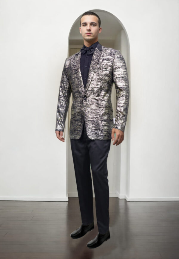 Black Neoprene Blazer with Silver and Gold Foil Print - Perfect for Parties & Formal Events - Image 3