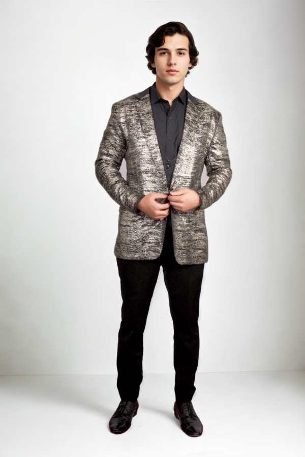 Black Neoprene Blazer with Silver and Gold Foil Print - Perfect for Parties & Formal Events - Image 2