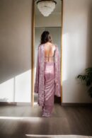 Elegant Pink Sequin Work Readymade Drape Saree with Sleeveless Princess-Cut Blouse & Detachable Sleeves - Perfect for Glamorous Events