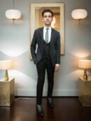 Elegant Navy Blue Self-Textured Shawl Collar Suit Set - Perfect for Weddings & Formal Occasions
