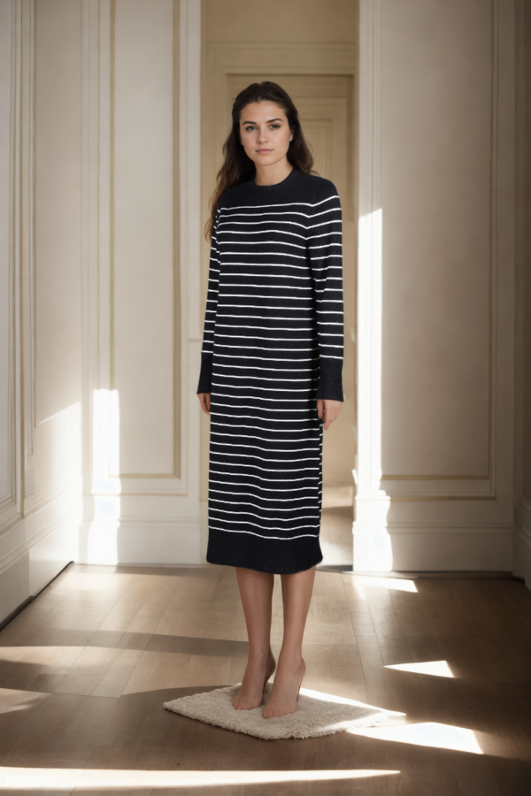 Stylish Black Knitted Top - Straight Fit with Round Neckline, Full Sleeves & White Horizontal Line Design