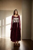 Luxurious Full-Length Velvet Gown with Zari Work Patches, Bead Work Lace & Sweetheart Neckline - Perfect for Elegant Evening Events