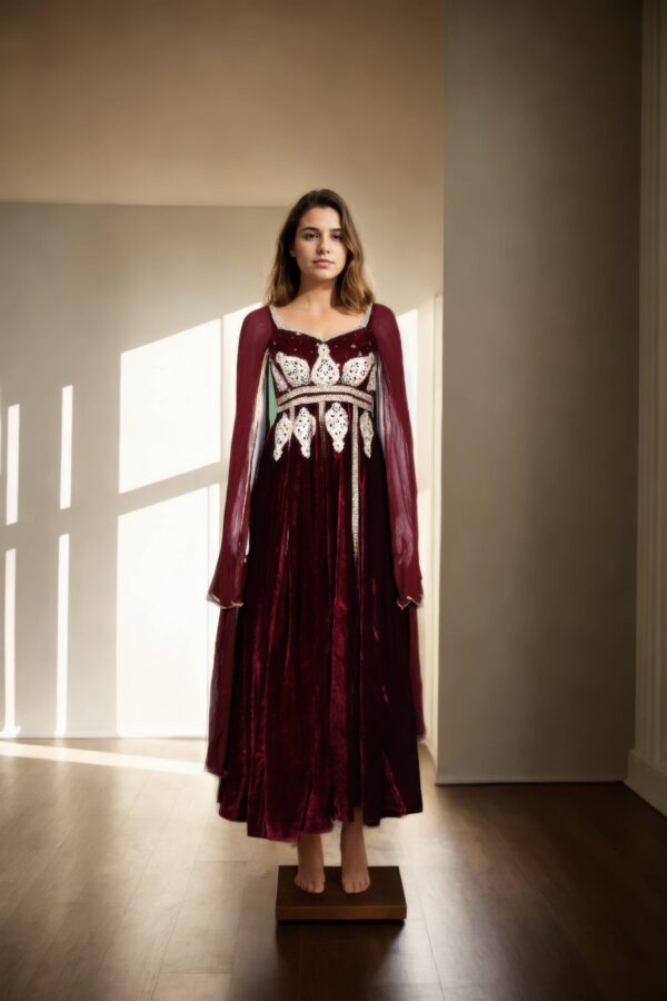 Luxurious Full-Length Velvet Gown with Zari Work Patches, Bead Work Lace & Sweetheart Neckline - Perfect for Elegant Evening Events