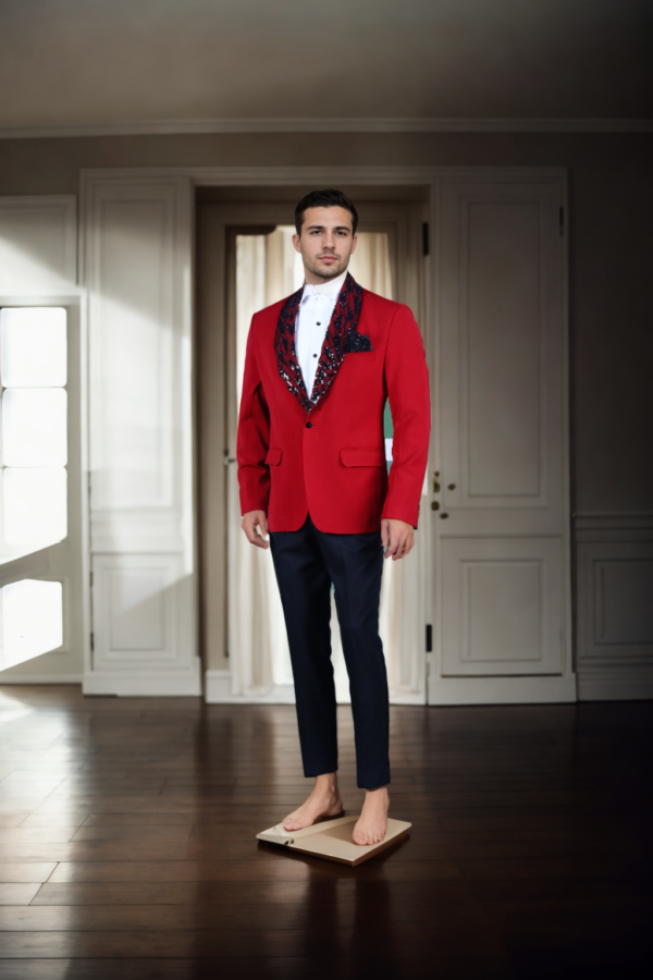 Maroon Neoprene Blazer with Black Sequin Embroidered Lapel - Perfect for Weddings & Formal Events - Image 4