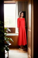 Red Lycra Western Dress with Pleated Details, 3/4 Sleeves, and Round Neckline - Stylish Casual Wear