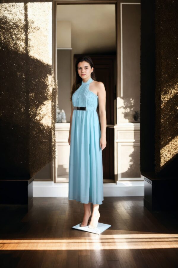 Powder Blue Georgette Midi Dress with Halter Neck, Pleated Design, Neck Tie-Up, and Fabric Belt - Elegant Evening Wear - Image 2