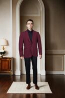 Luxurious Wine Denim Blazer with Notch Lapel Collar, Long Sleeves, Double-Button Closure, Flap & Chest Welt Pockets, Attached Lining & Double-Vented Back Hem - Perfect for Formal & Stylish Events