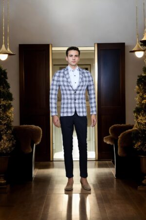 Grey Wool-Blend Checkered Blazer for Men ? Notched Lapel, Single-Breasted with Button-Up Closure & Two Pockets