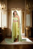 Elegant Light Yellow Raw Silk Indo-Western Draped Saree with Beaded Belt, Spaghetti Strap Blouse & Plain Dupatta - Perfect for Weddings & Special Occasions