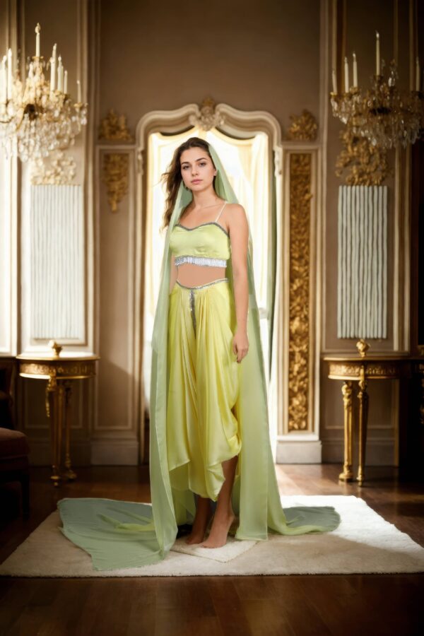 Elegant Light Yellow Raw Silk Indo-Western Draped Saree with Beaded Belt, Spaghetti Strap Blouse & Plain Dupatta - Perfect for Weddings & Special Occasions - Image 2