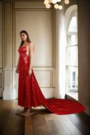 Red Georgette Western Gown with Full Sequin Work, Spaghetti Straps & High Slit - A-Line V-Neckline Floor-Length Prom Gown