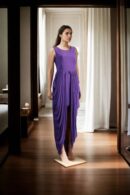 Stylish Purple Stretchable Dress with Dhoti-Style Drape - Sleeveless Round Neckline Dress for Parties and Contemporary Events