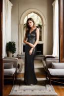Gold-Toned Shimmer A-Line Dress with Horizontal Line Design & V-Neckline - Sleeveless and Full-Length with Straight Hem
