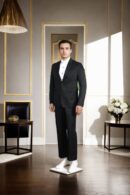 Black Suit in Suiting Fabric with Double Pocket and Notch Lapel Collar - Timeless Power Suit
