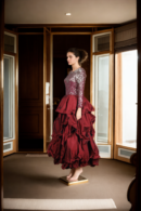 Maroon Georgette Sequin Western Gown with Box Pleated Skirt - Elegant Evening Wear