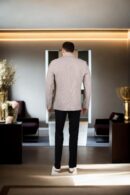 Beige Linen Blazer with Weave Design, Notch Lapel Collar, Double-Button Closure, Flap & Chest Welt Pockets, Attached Lining, and Double-Vented Back Hem