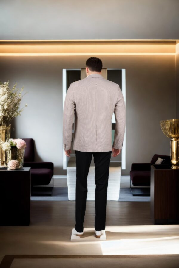 Beige Linen Blazer with Weave Design, Notch Lapel Collar, Double-Button Closure, Flap & Chest Welt Pockets, Attached Lining, and Double-Vented Back Hem - Image 3