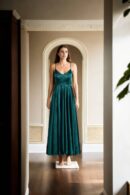 Spaghetti Strap V-Neck Satin Ball Gown with Ruched Detailing for Women  Elegant Evening Wear