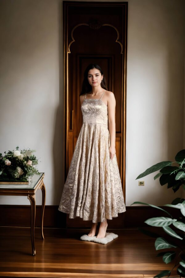 Gold High-Quality Chiffon Gown with Strap Sweetheart Neckline Design - Elegant Evening Wear - Image 2