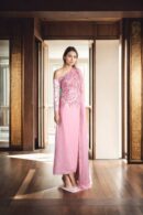 Baby Pink Chiffon Off-Shoulder Gown with Unique Long Drape Design and Bead & Sequin Work - Elegant Evening Wear