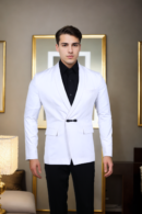 Elegant White Blazer with Shawl Collar & White Satin Accents - Timeless Sophistication