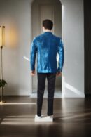 Luxurious Peacock Blue Velvet Blazer with Shawl Collar & Tailored Fit - Perfect for Formal & Evening Occasions
