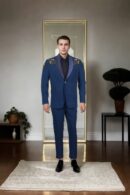 Luxurious Navy Blue Quilted Suit with Satin Shawl Collar, Patchwork & Bead Details, Full Sleeves & Formal Pants ? Perfect for Elegant & Upscale Occasions