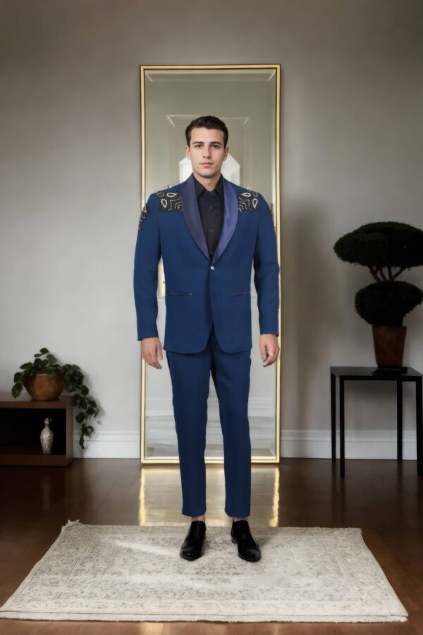 Luxurious Navy Blue Quilted Suit with Satin Shawl Collar, Patchwork & Bead Details, Full Sleeves & Formal Pants ? Perfect for Elegant & Upscale Occasions
