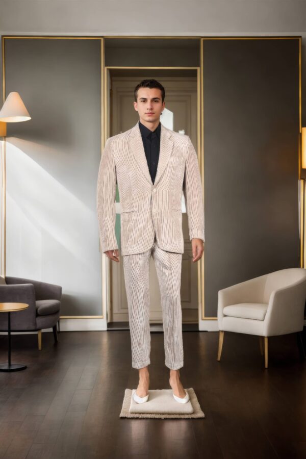 Luxurious Beige Corduroy Suit with Notch Lapel Collar, Front Open Design, Full Sleeves & Formal Pants - Perfect for Stylish & Formal Occasions