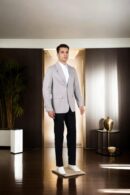 Ash Grey Suiting Blazer with Notch Lapel Collar, Double-Button Closure, Flap & Chest Welt Pockets, Attached Lining, and Double-Vented Back Hem