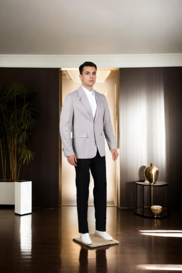 Ash Grey Suiting Blazer with Notch Lapel Collar, Double-Button Closure, Flap & Chest Welt Pockets, Attached Lining, and Double-Vented Back Hem - Image 4