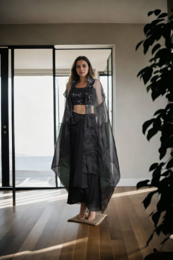 Black Chiffon Silk Pleated Skirt with Side Opening & Plain Strap Tube Blouse  Orange Sequin & Bead Neckline Jacket - Image 2