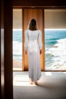 White Western Gown with Embroidery, Sequin Drape & Puff Sleeves - Perfect for Elegant Celebrations