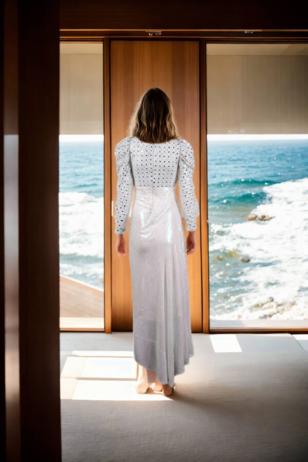 White Western Gown with Embroidery, Sequin Drape & Puff Sleeves - Perfect for Elegant Celebrations - Image 3