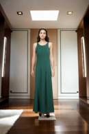 Elegant Bottle Green Soft Denim Long Gown - Sleeveless Princess Cut with Padded Front & Side Slit