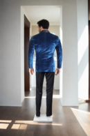 Luxurious Prussia Blue Corduroy Blazer - Shining Pile Yarn with Black Satin Shawl Collar