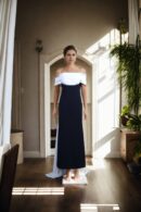 Crepecare Black and White Off-Shoulder Western Dress with Fitted Black Silhouette - Chic Evening Wear