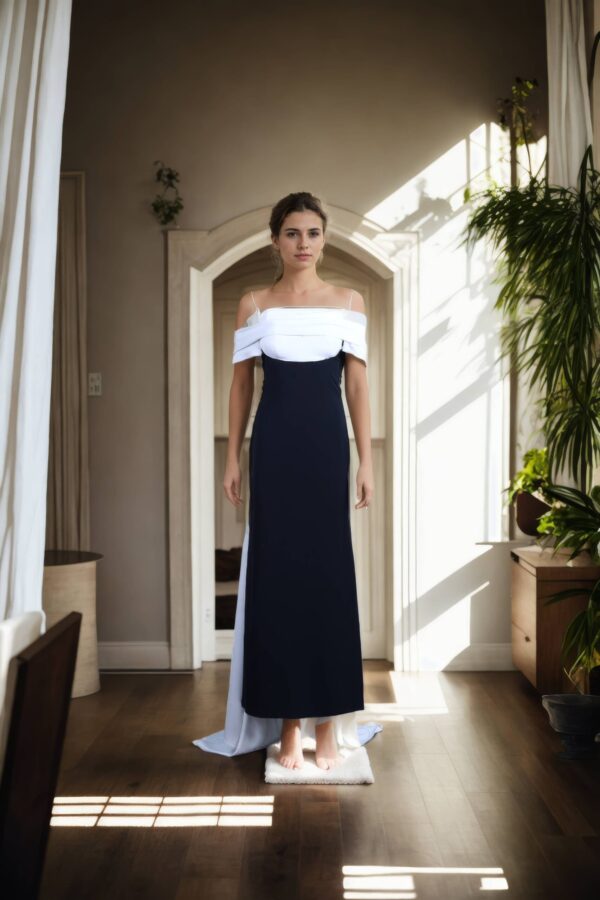 Crepecare Black and White Off-Shoulder Western Dress with Fitted Black Silhouette - Chic Evening Wear